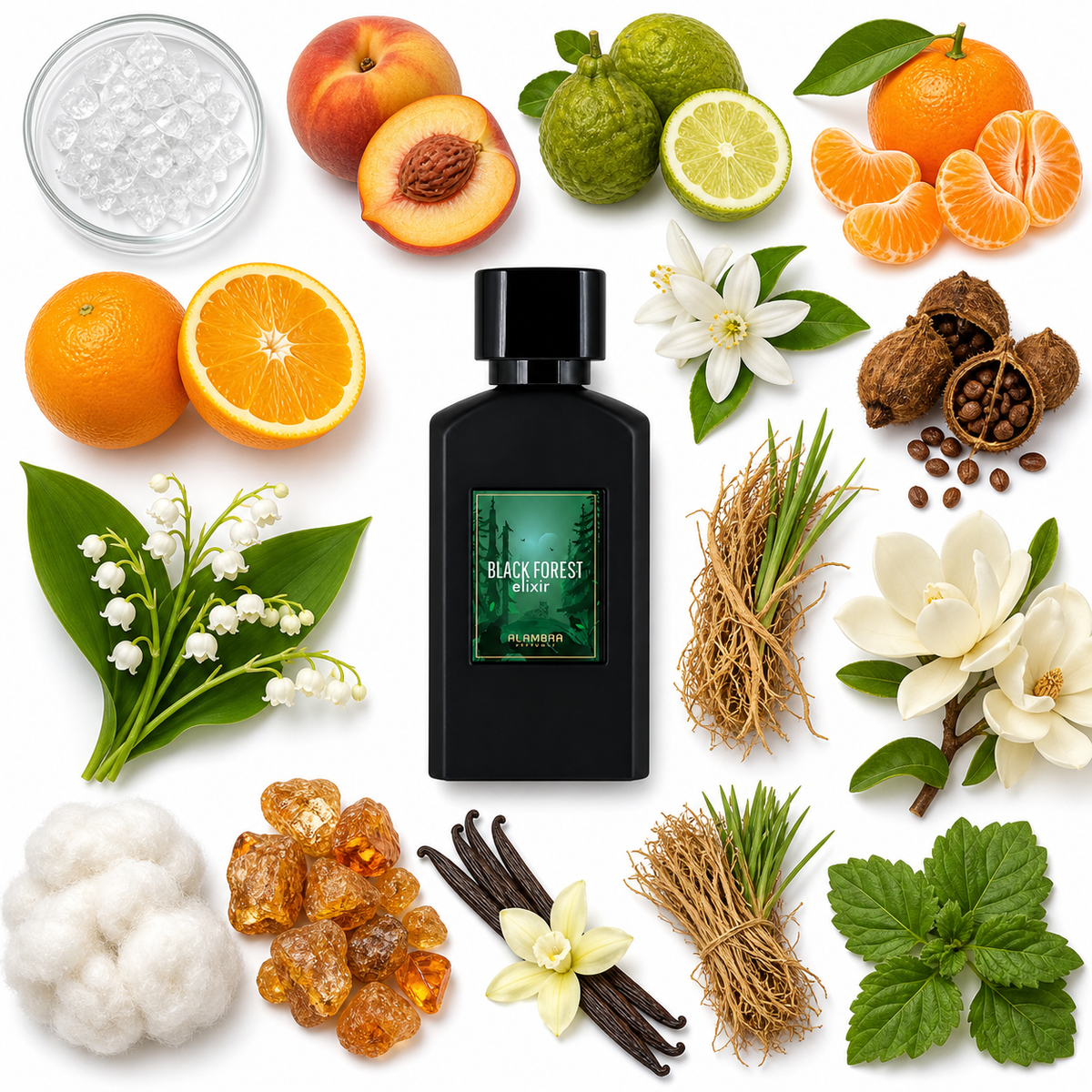 Al Ambra Black Forest Elixir Extrait de Parfum with scent notes