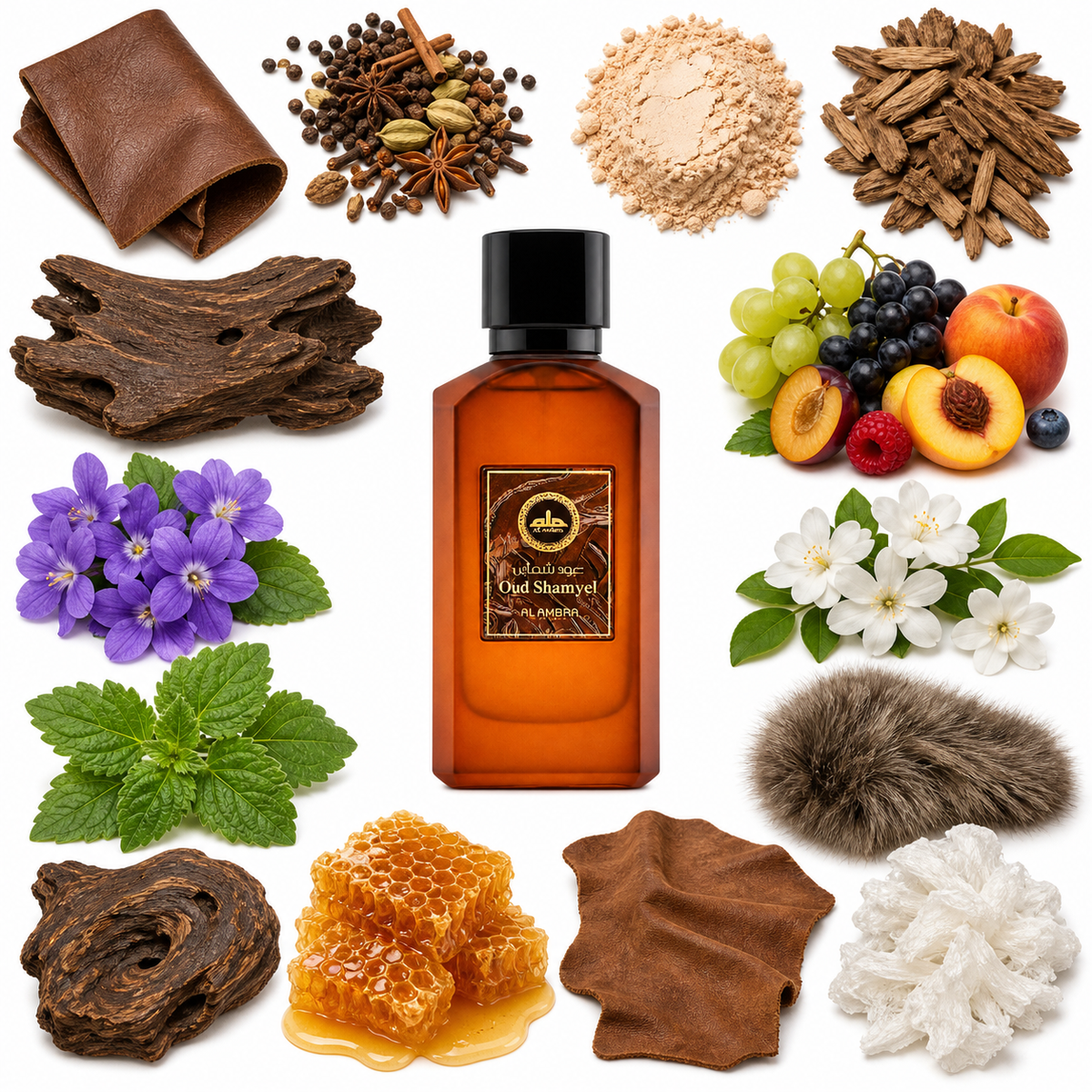 Al Ambra Oud Shamayel Extrait de Parfum with scent notes