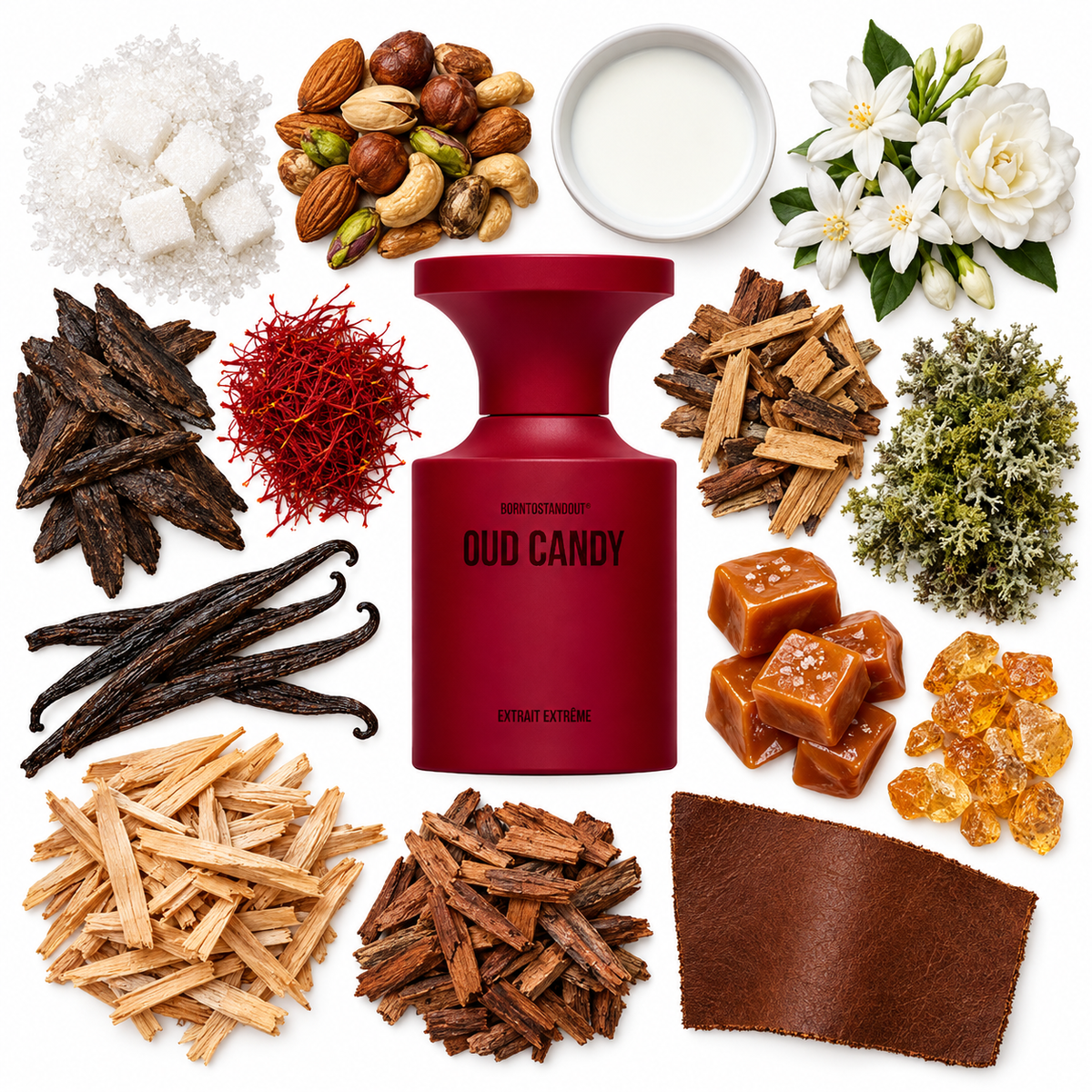 BORNTOSTANDOUT Oud Candy Extrait de Parfum with scent notes