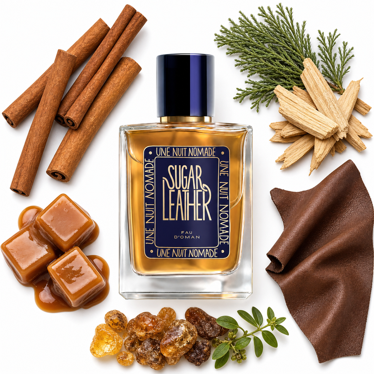 Une Nuit Nomade Sugar Leather Eau de Parfum with scent notes